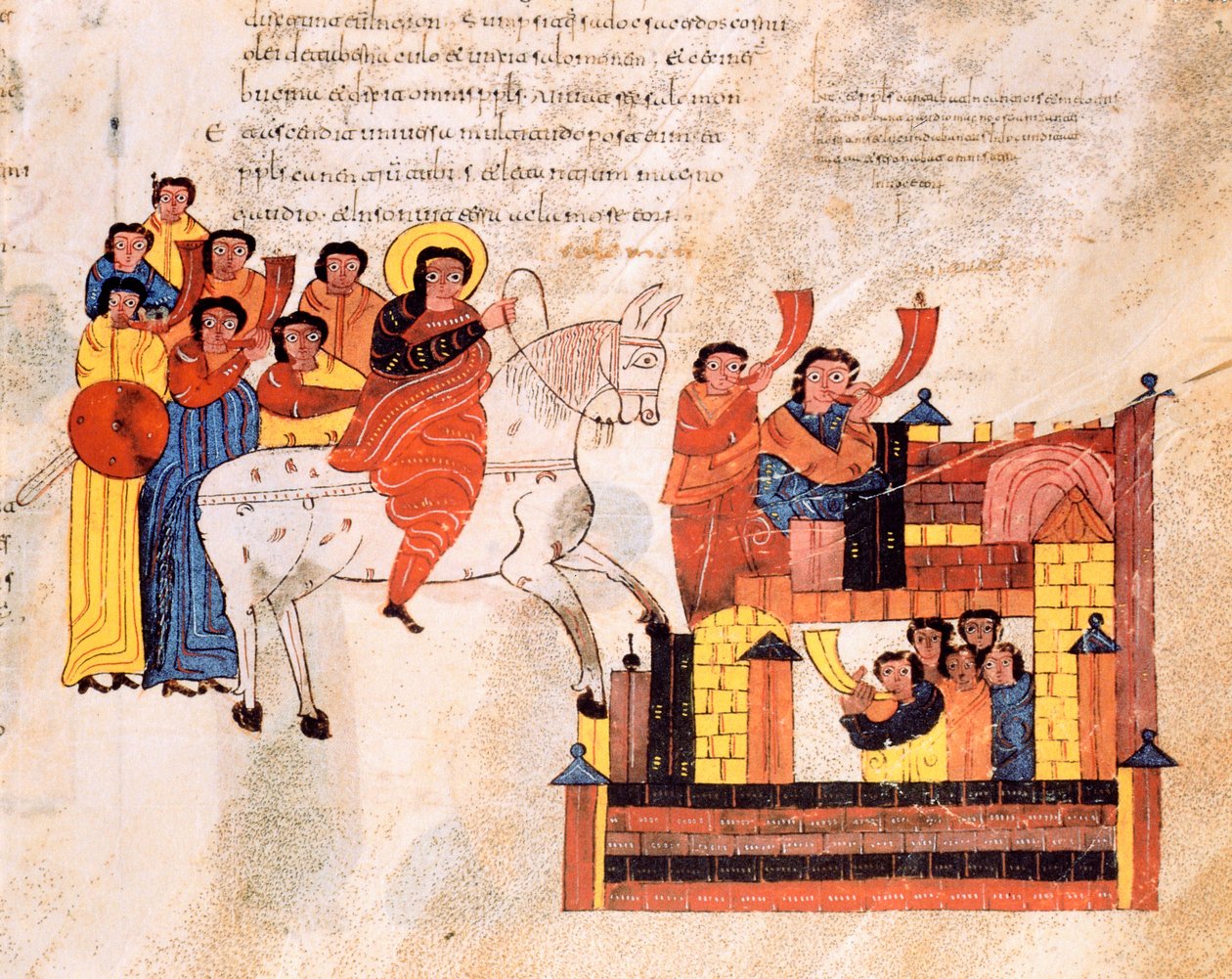 Kuningas Daavidin saapuminen Jerusalemiin trumpettien soidessa, visigoottilais-motsarabialainen Pyhän Isidores-Raamattu, Fol.135r., A.D. 960 tekijältä Spanish School