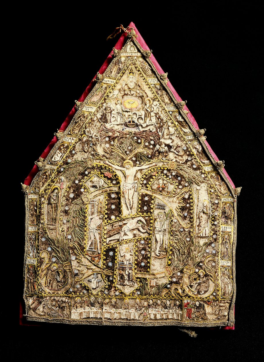 Eveque-jiiraus kultaista höyhenmosaiikkia, jonka ovat valmistaneet espanjalaiset lähetyssaarnaajat Meksikossa. 1500-luvun Firenze, Museo degli Argenti tekijältä Spanish School