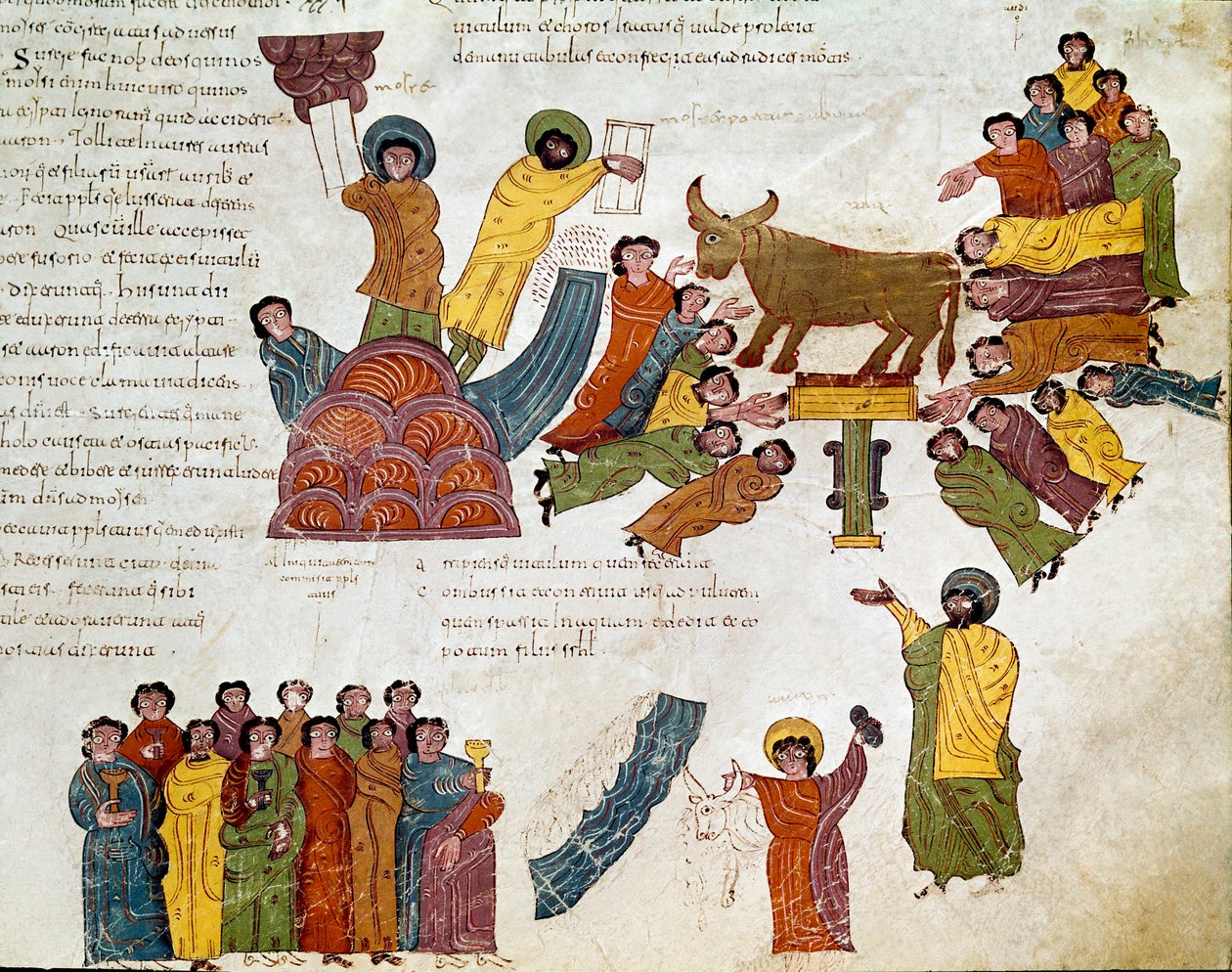 Exodus: "" kultaisen vasikan palvonta"" Mooses ja lain taulukot. Miniatyyri mozaraabialaisesta Raamatusta. 10. vuosisadalla. Leon. Pyhän Isidoren Royal Collegiale -kirjasto. Espanja tekijältä Spanish School