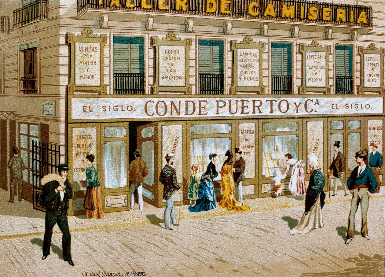 Muoti: mainosjuliste kangaskaupan "Conde Puerto" -putiikille Barcelona. 1800-luvulla tekijältä Spanish School