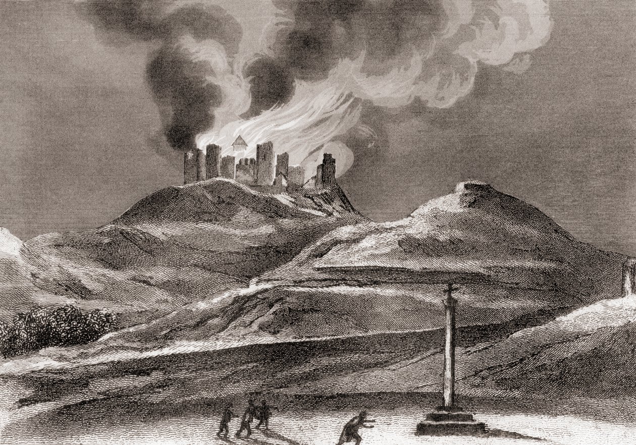 Tulipalo Montearagonin luostarissa, Quincena, Huesca, Espanja vuonna 1835 (litho) tekijältä Spanish School