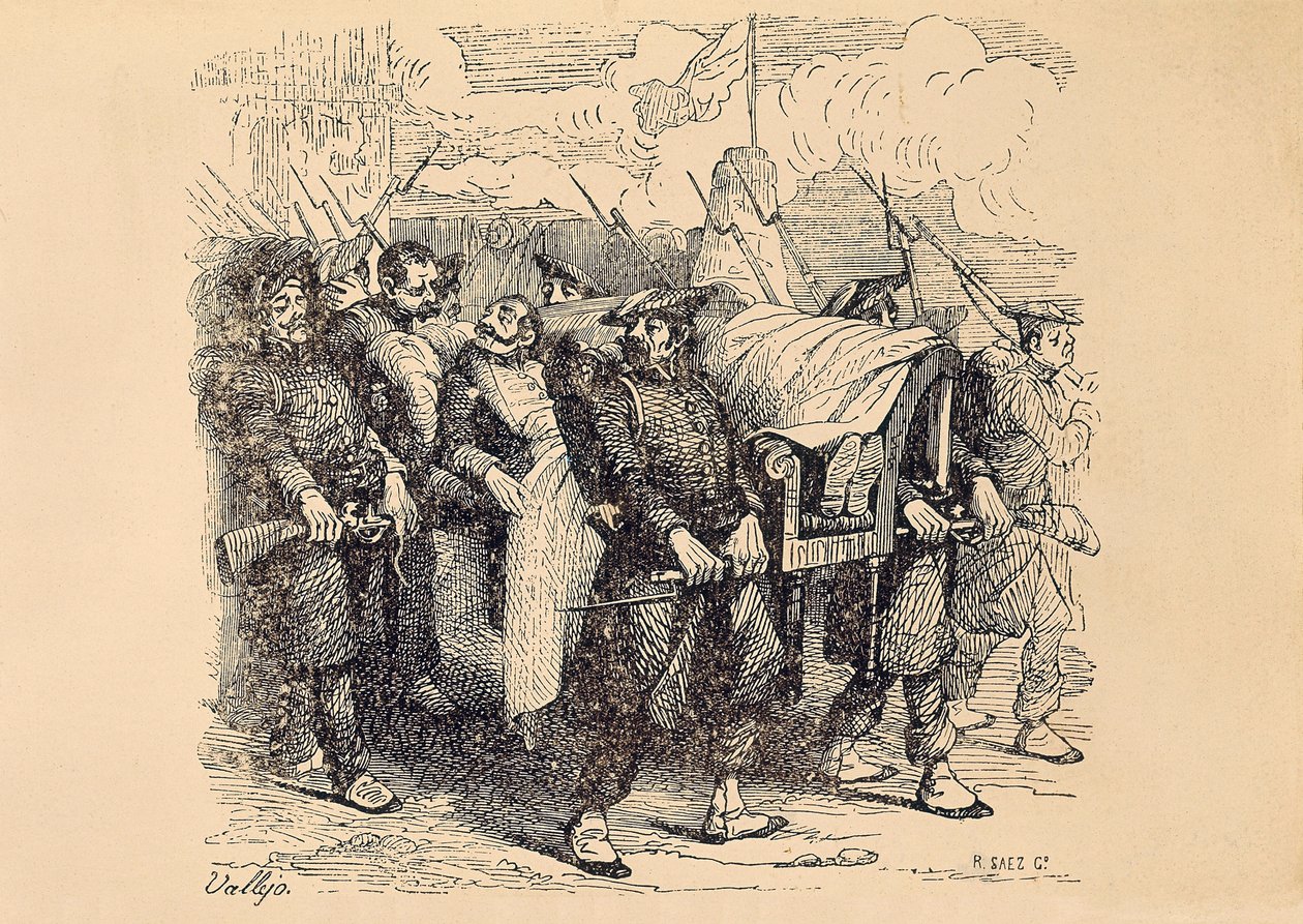 Ensimmäinen karlistinen sota (1833-1840): Karlistikenraali Tomas Zumalacarregui (1788-1835) haavoittui Bilbaon piirityksen aikana tekijältä Spanish School