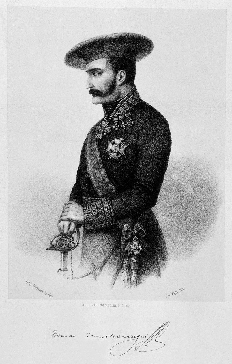 Ensimmäinen karlisti sota (1833-1840): muotokuva karlistikenraali Tomas Zumalacarreguista (1788-1835) tekijältä Spanish School