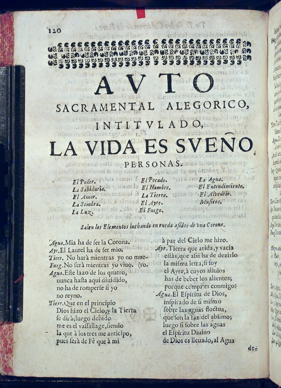 Pedro Calderon de la Barcan (1600-81) Los Autos Sacramentalesin La Vida es Suenon ensimmäinen sivu, toimittanut Juan Garcia Infanzon, 1690 (painettu paperi) tekijältä Spanish School