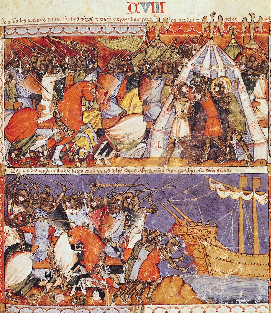 Fol.108r Troijalaiset tunkeutumassa kreikkalaiseen leiriin ja sytyttämässä tuleen kreikkalaisia aluksia Codex Benito de Santa Morasta tekijältä Spanish School