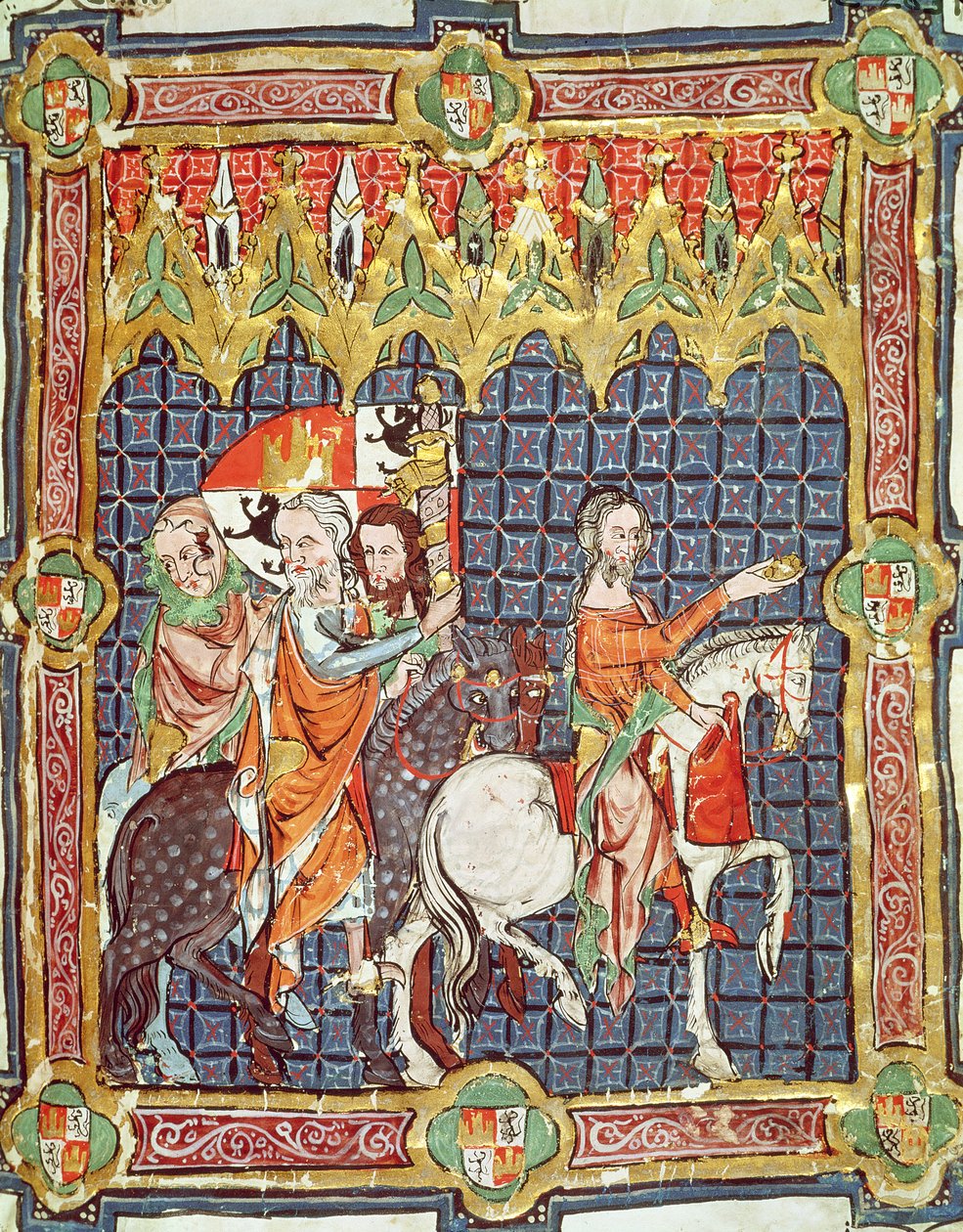 Fol.10r Alfonso VII (1105-57) ja hänen vaimonsa, Barcelonan Berenguela, johtivat tapaamaan arkkipiispan käsikirjoituksesta, joka kuvaa Aragonian ja Kastilian kuninkaiden kruunajaisia tekijältä Spanish School