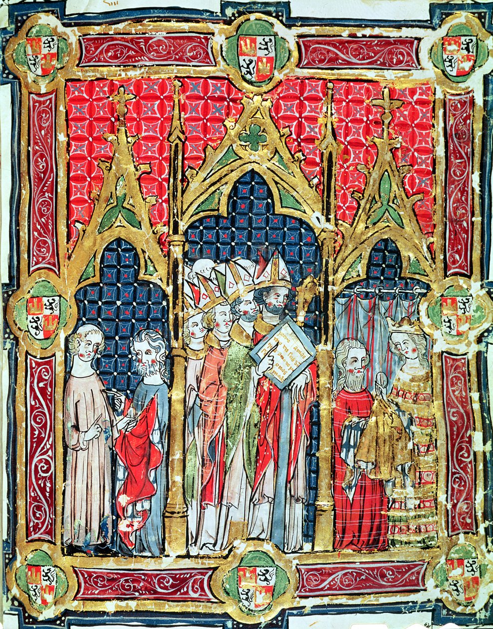 Fol.13r Aragonian ja Kastilian kuninkaiden kruunaus: Alfonso VII (1105-57) tarjoaa kultaista leipää Toledon arkkipiispan läsnäollessa Libro de los Testamentosista tekijältä Spanish School