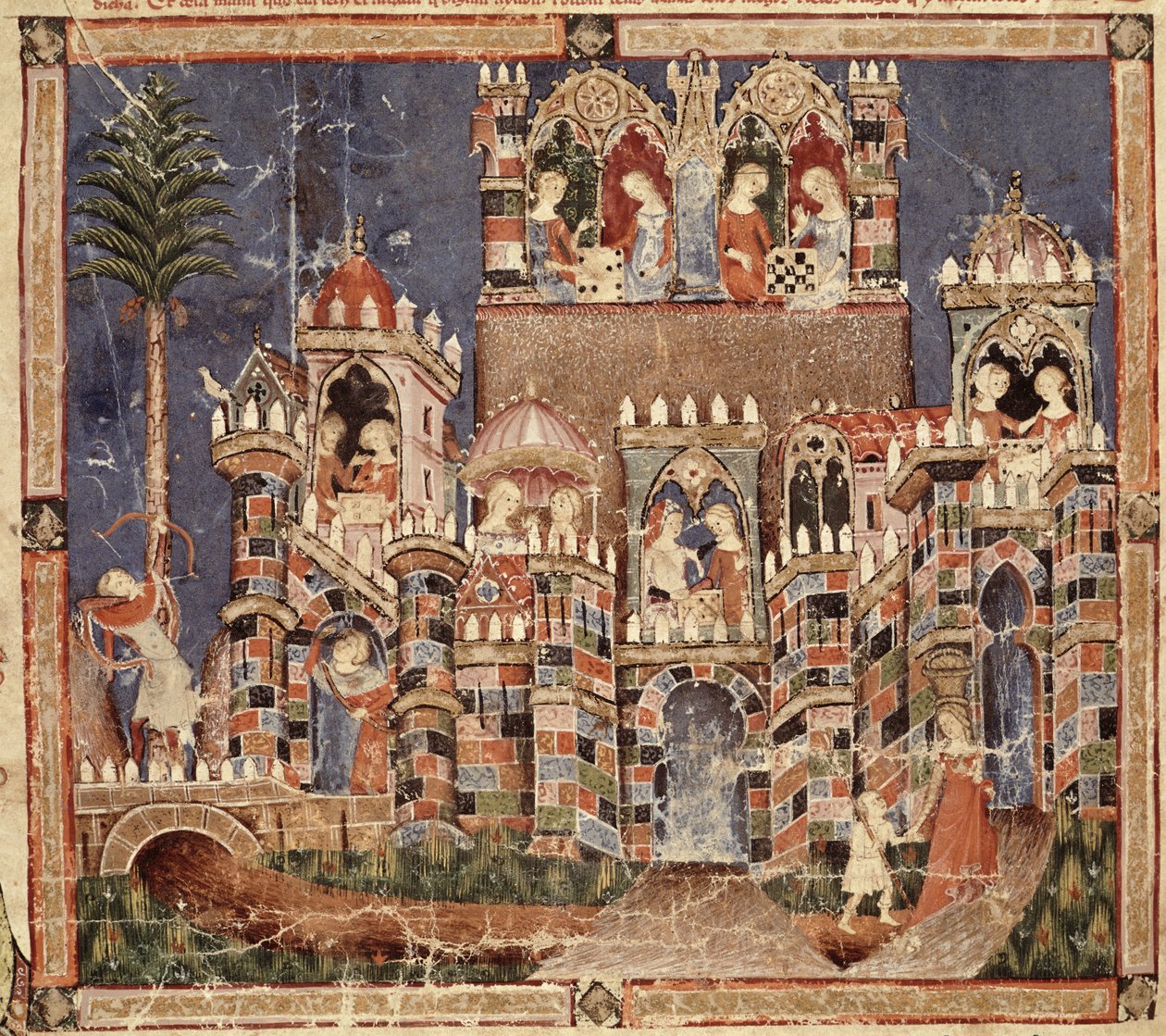 Fol.13v Troijalaisten pelejä ja viihdettä Codex Benito Santa Morasta tekijältä Spanish School