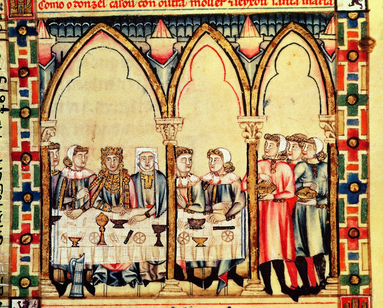 Fol.16v Kihlajuhla, käsikirjoituksesta, joka on tehty Alfonso X Kastilian ja Leonin viisaan kuninkaan johdolla tekijältä Spanish School