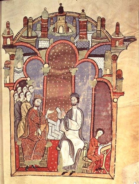 Fol.1r Courtin kohtaus kirjanoppineiden kanssa Liber feudorum maiorista tekijältä Spanish School