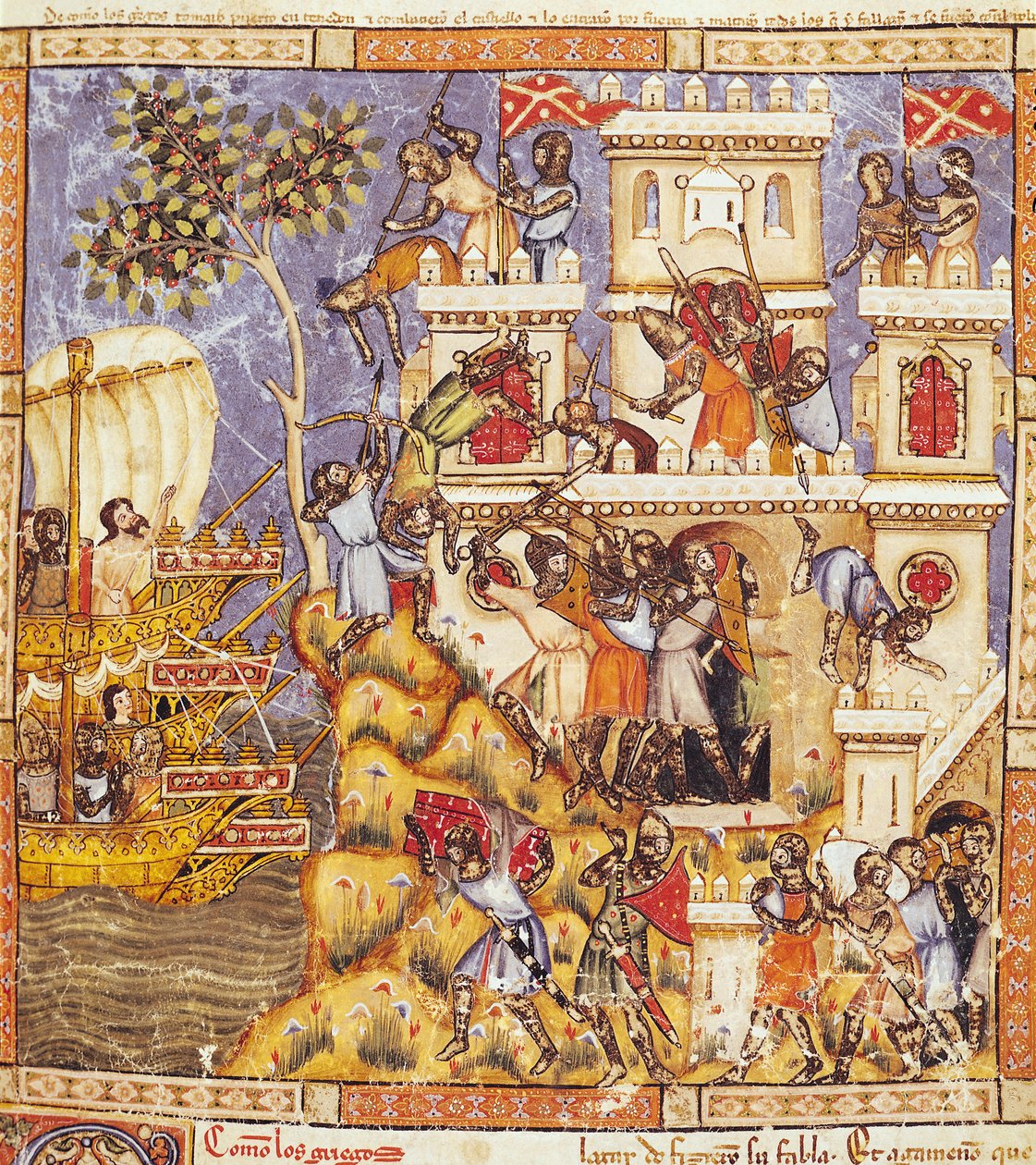 Fol.30r Kreikkalaisten maihinnousu, Tenedosin linnan piiritys ja puolustajien kuolema, Codex Benito Santa Mora tekijältä Spanish School