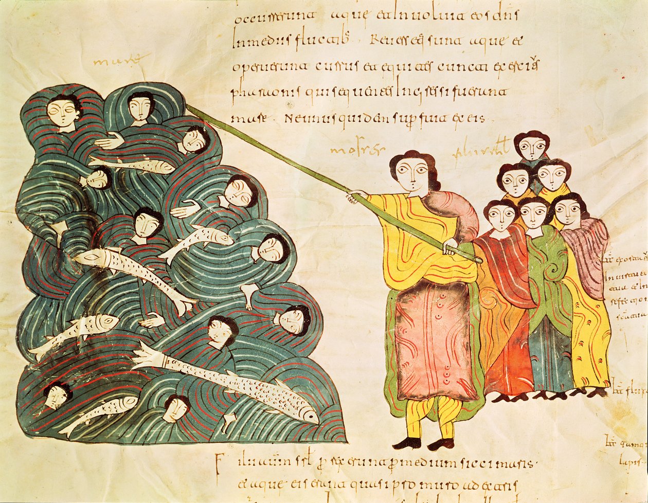 Fol.39v Mooses sulkee Punaisenmeren egyptiläisille, Raamatusta Mozarabe tekijältä Spanish School