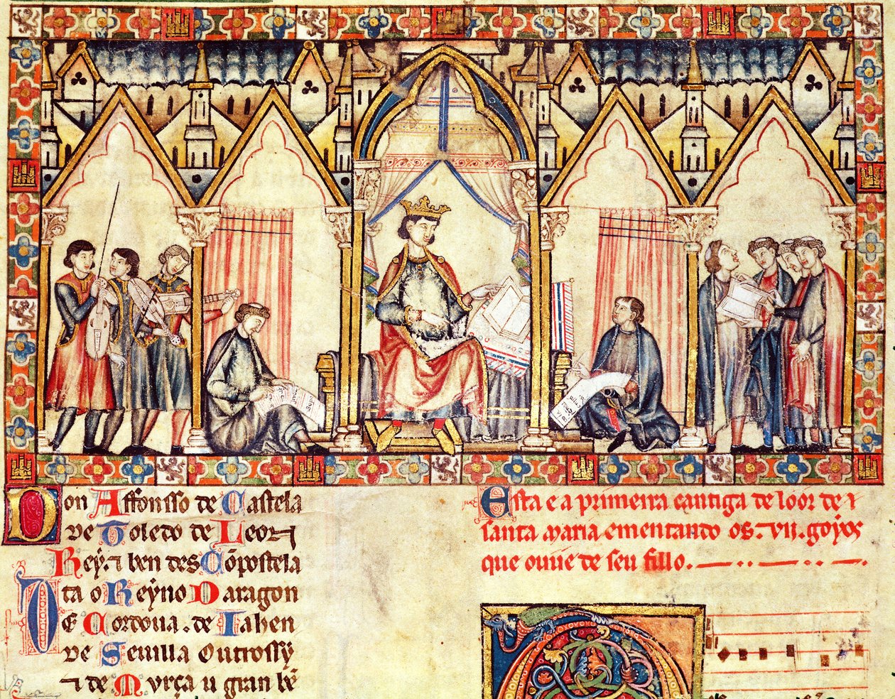 Fol.5r Alfonso X:n (1221-84) Viisaan, Kastilian ja Leonin kuninkaan hovi, pienoiskuva Cantigas de Santa Mariasta tekijältä Spanish School