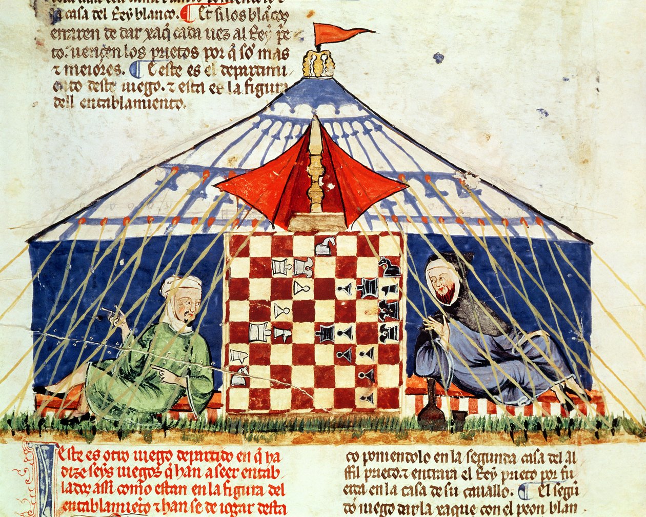 Fol.62v Kaksi arabia pelaamassa shakkia teltassa, pelien kirjasta, Shakki, nopat ja laudat, 1282 tekijältä Spanish School
