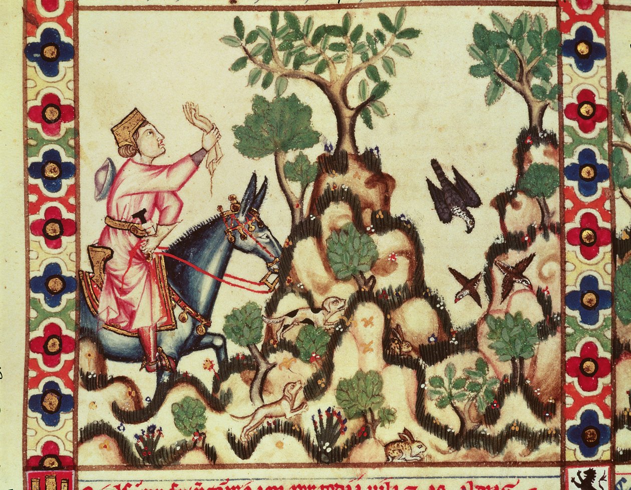 Fol.64r Haukkametsästys käsikirjoituksesta, joka on tehty Alfonso X Kastilian ja Leonin viisaan kuninkaan johdolla tekijältä Spanish School