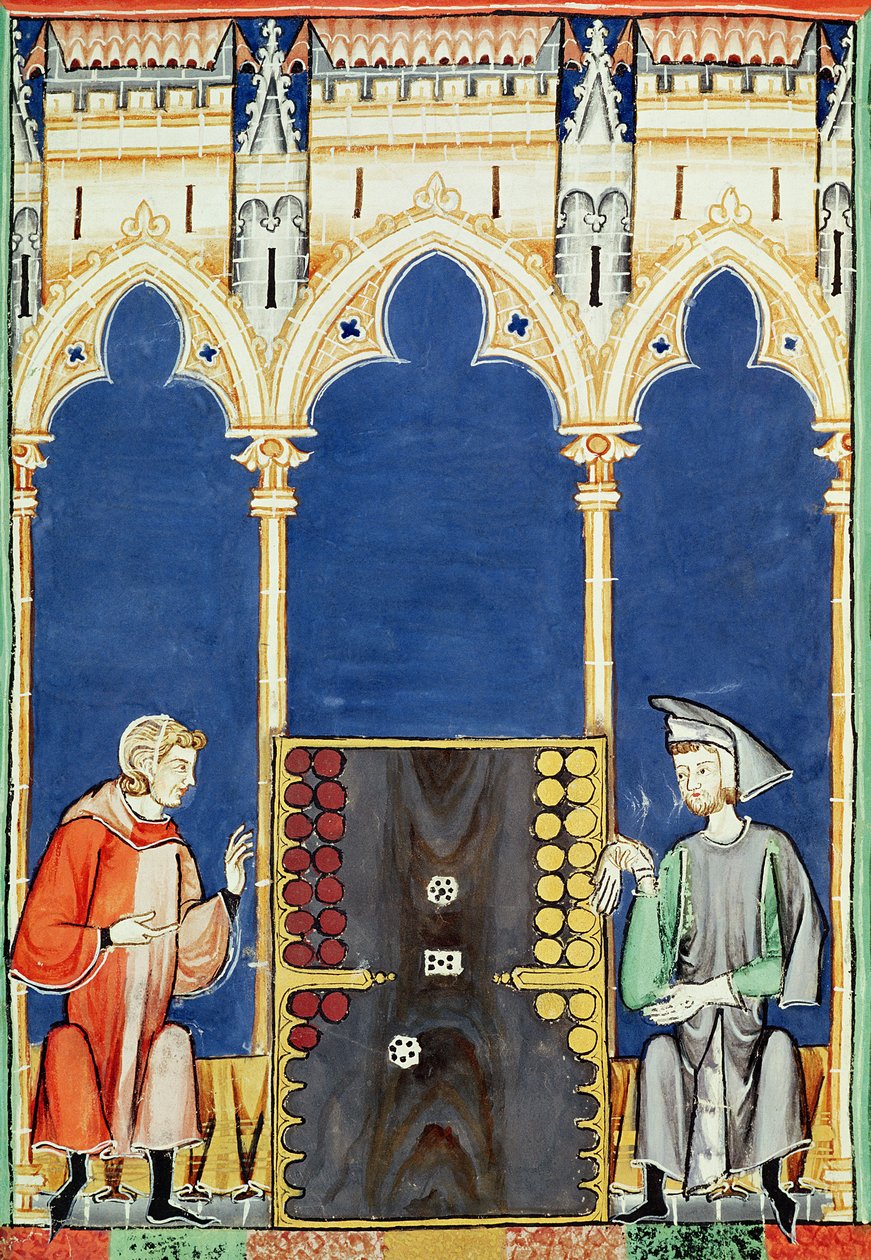 Fol.85v Kaksi backgammon-pelaajaa pelien kirjasta, shakki, nopat ja laudat, 1282 tekijältä Spanish School