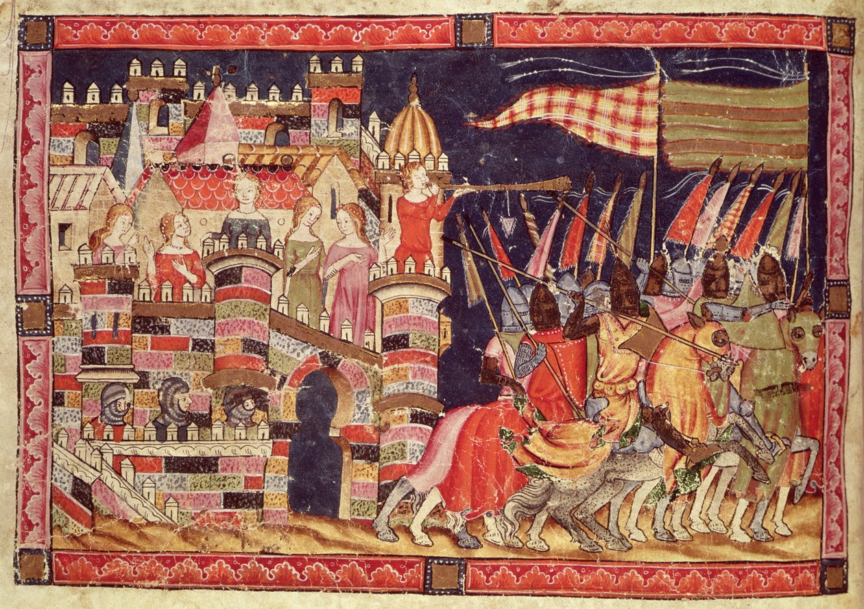 Fol.86v Troijalaiset lähtevät taisteluun, Codex Benito Santa Morasta tekijältä Spanish School