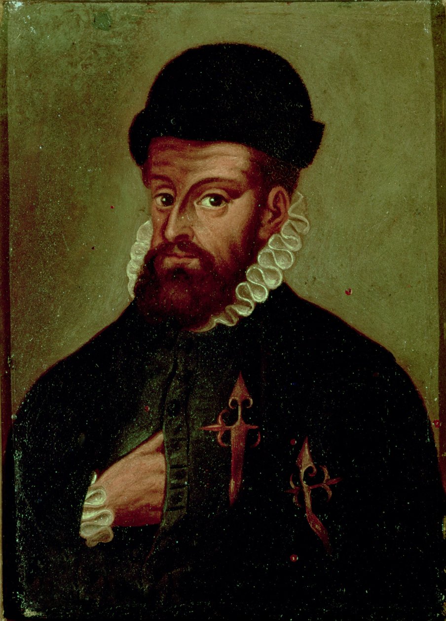 Francisco Pizarro (1478-1541) espanjalainen valloittaja (öljy paneelissa) tekijältä Spanish School