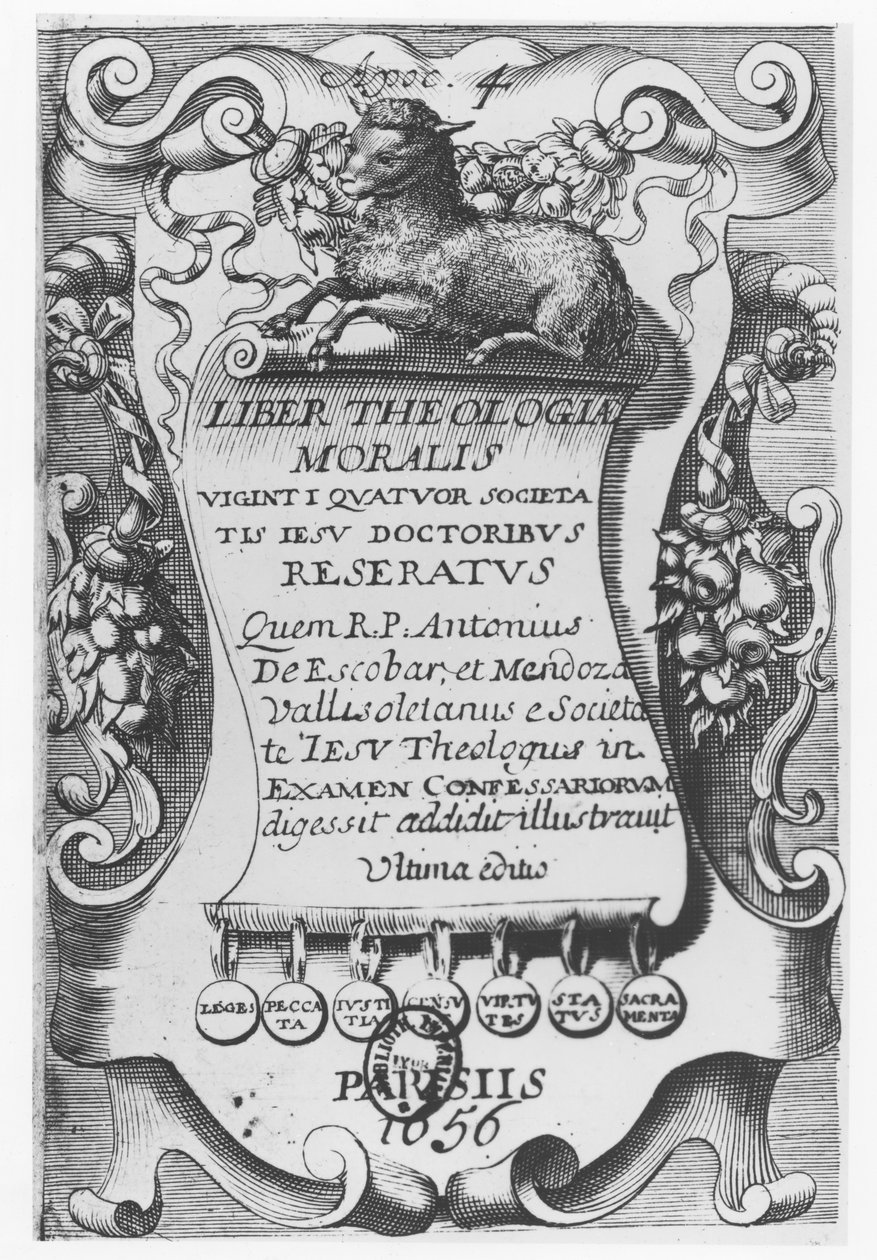 Liber Theologiae Moralisin etukappale, Antonio Escobar y Mendoza, 1656 tekijältä Spanish School