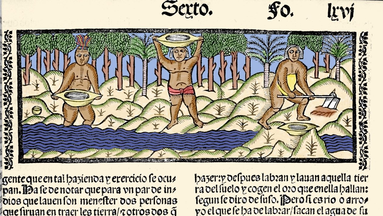 Kullan louhinta: alkuperäiskansat seulovat jokea kultaa etsiessään. Kaiverrus kirjasta "Intian, saarten ja valtameren mantereen yleinen historia" Gonzalo Fernandez de Oviedo (Gonzalo) tai Fernandez de, ou Hernandez de Oviedo y Valdes (1478-) tekijältä Spanish School