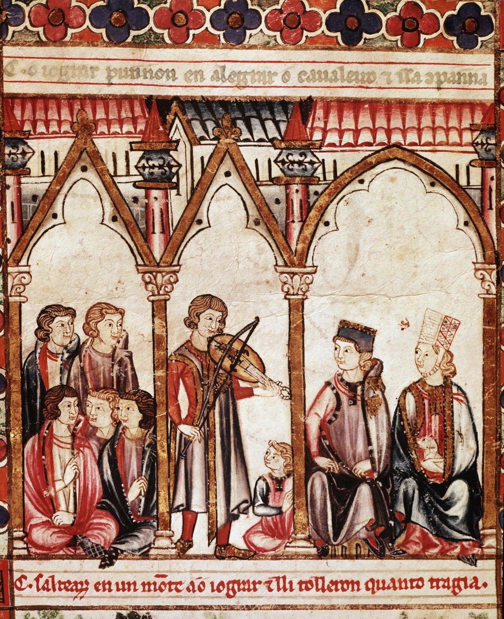 Trubaduuriryhmä, kuvitus "" Cantigas de Santa Maria" -kirjasta", tehty Alfonso X:n ("Viisas") Kastilian ja Leonin kuninkaan (1221-84) johdolla - Kuninkaan hovi ja muusikot. pienoismalli Pyhän Marian laulun käsikirjoituksesta (Cantig tekijältä Spanish School