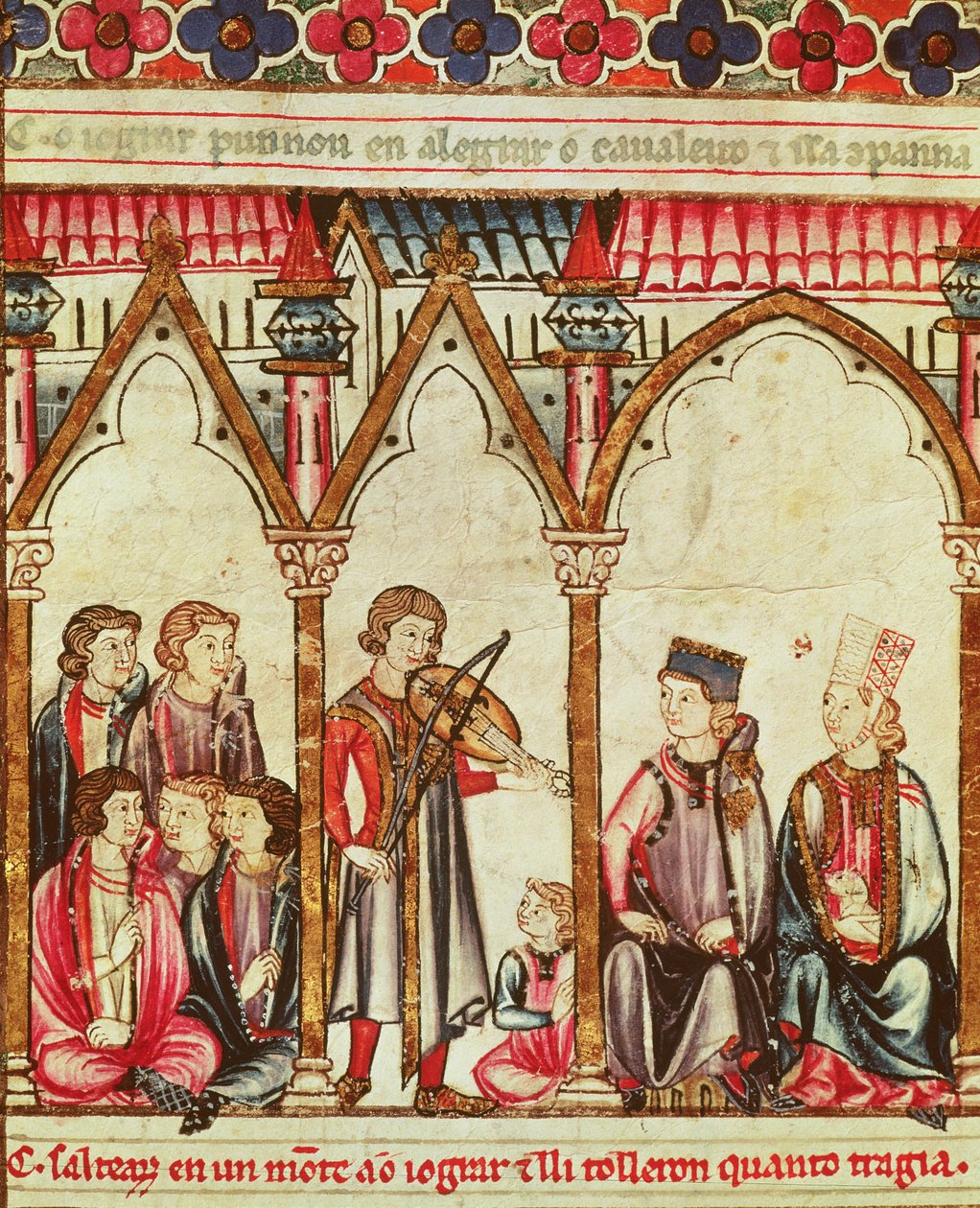 Trubaduuriryhmä, kuvitus Cantigas de Santa Mariasta, tehty Alfonso X:n (Viisas) Kastilian ja Leonin kuninkaan (1221-84) johdolla (katso myös 56625) tekijältä Spanish School