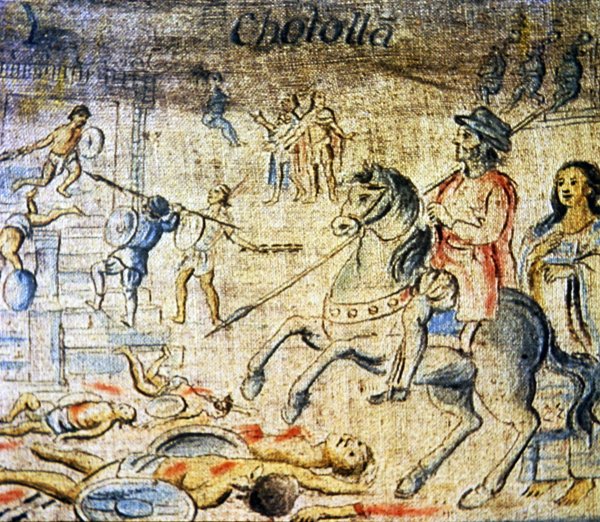 Hernan Cortes ratsastaa kuolleiden yli Cholulan taistelun jälkeen Dona Marinan kanssa, hänen rakastajatarnsa ja tulkkinsa kävelemässä (värilitho) tekijältä Spanish School
