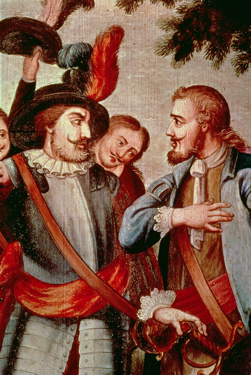 Hernando Cortes (1485-1547) ja Diego di Velasquez (1465-1524) (öljy kankaalle) (yksityiskohta) (katso 113574) tekijältä Spanish School