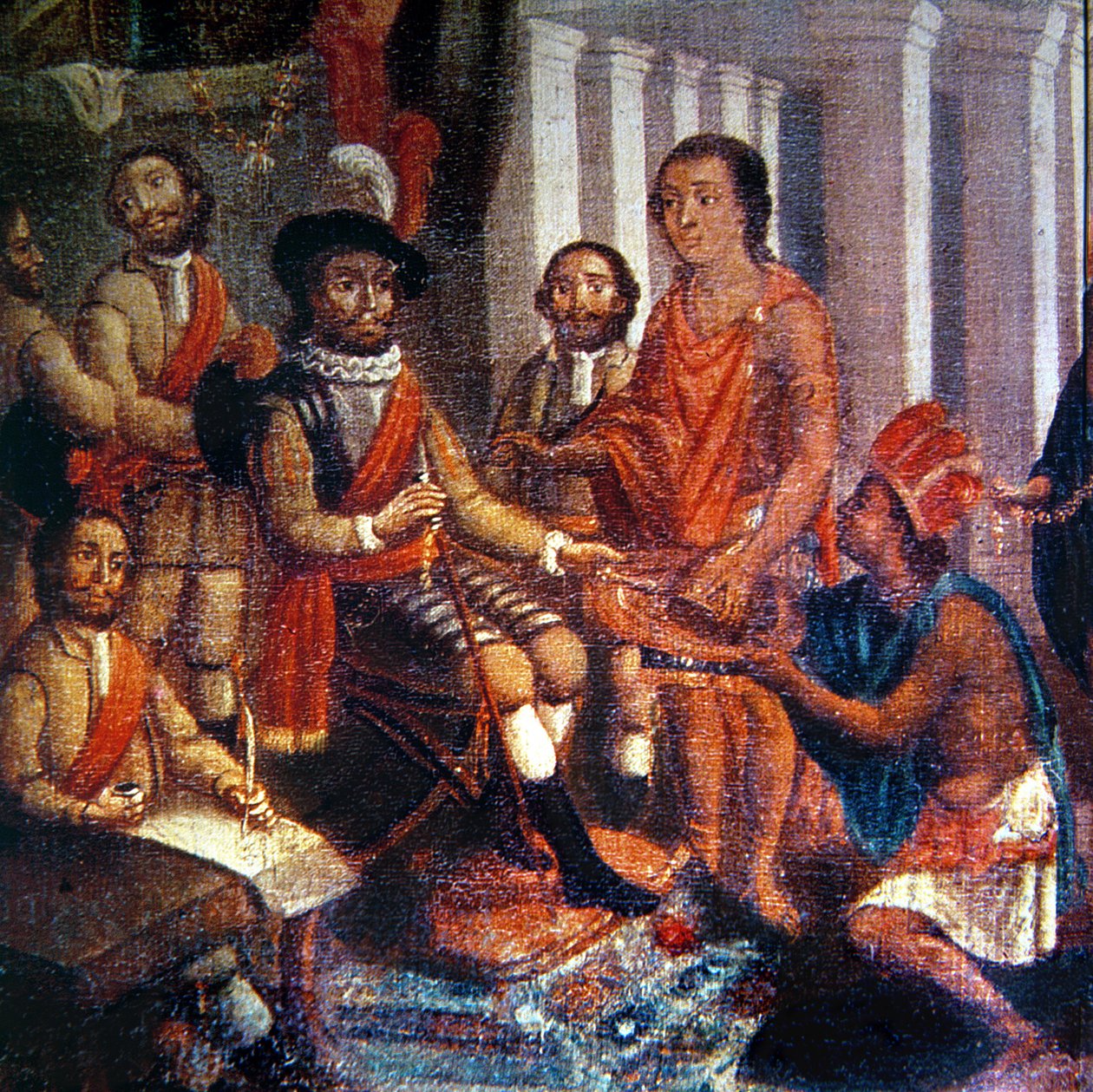 Hernando Cortes (1485-1547) vastaanottaa atsteekkien kunnianosoituksen (öljy kankaalle) tekijältä Spanish School