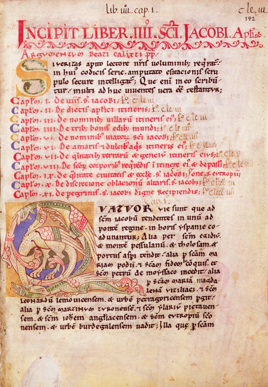 Historiallinen alkukirjain "Q", joka kuvaa kolmea lohikäärmettä, Compostelan Pyhän Jaakobin pyhiinvaeltajan oppaan ensimmäinen sivu Codex Calixtinuksesta tekijältä Spanish School