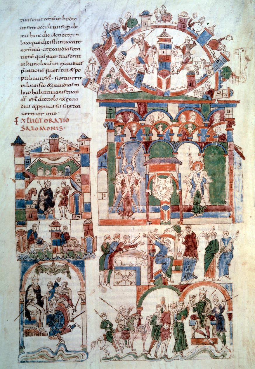 Salomon historia: "" Kuningas Salomo vastaanottamassa kunnianosoitusta"" Sivu (129 v;) otettu "" Rodan Raamatusta"" (man. lat. 6), joka tehtiin Espanjassa 1000-luvulla. Paris, B.N. tekijältä Spanish School