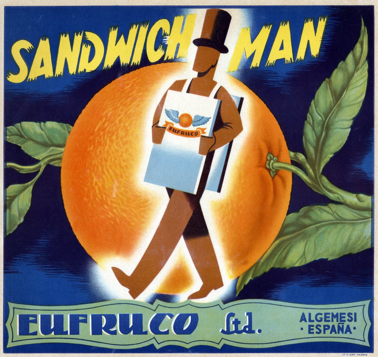 Kuva "mies-sandwich". Appelsiinin etiketti "" Eufruco", Valencia, 1900-luku. tekijältä Spanish School