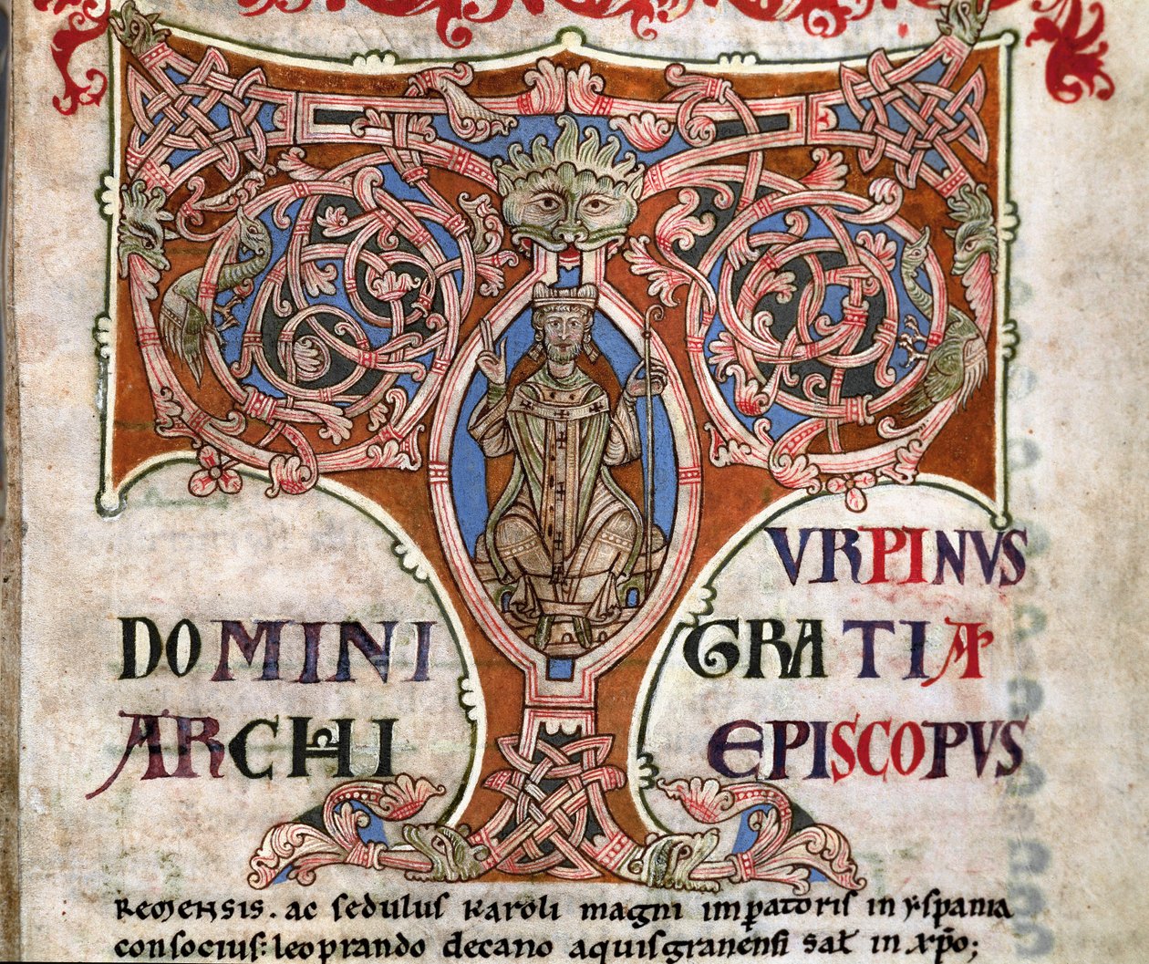 Alkukirjain T, jossa Charlemagne, kuvitus Codex Calixtinuksesta, n. 1140 tekijältä Spanish School