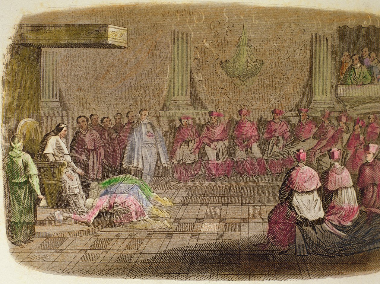 Japanin suurlähettiläät kumartuivat paavi Gregorius XIII jalkojen juureen vuonna 1585 tekijältä Spanish School