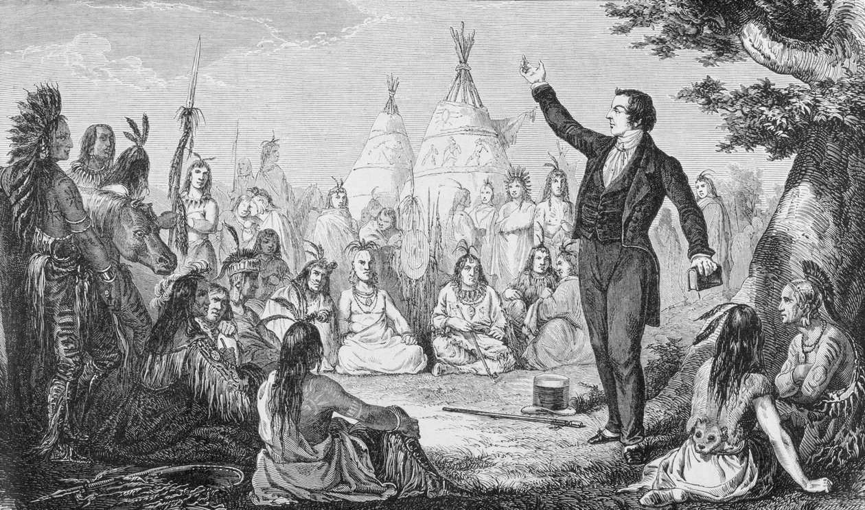 Joseph Smith, mormonikirkon perustaja, saarnaa intiaaneille, "La Vuelta al Mundo" -kirjasta, julkaistu Madridissa, 1865 (kaiverrus) tekijältä Spanish School