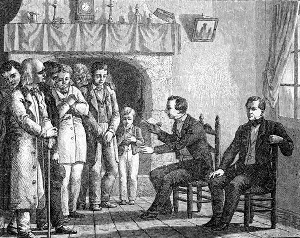 Joseph Smith, mormonikirkon perustaja, lukee Mormonin kirjasta varhaisille mormonikäännynnäisille, Madridissa julkaistusta La Vuelta al Mundosta tekijältä Spanish School