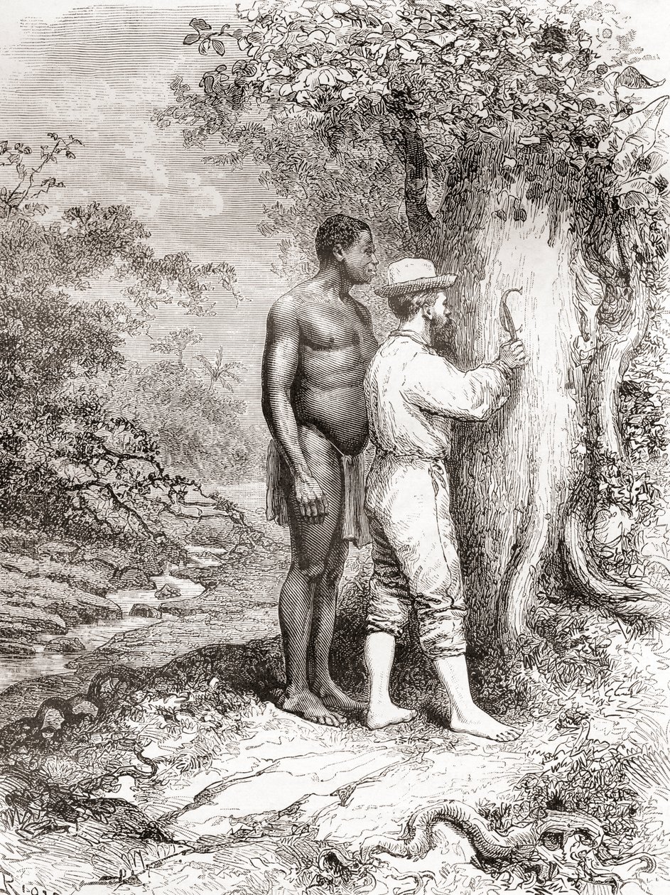 Jules Crevaux tutkiessaan Ranskan Guayanaa vuonna 1878 kaivertaessaan nimikirjaimia puuhun Oyapock- tai Oiapoque-joen rannalla tekijältä Spanish School