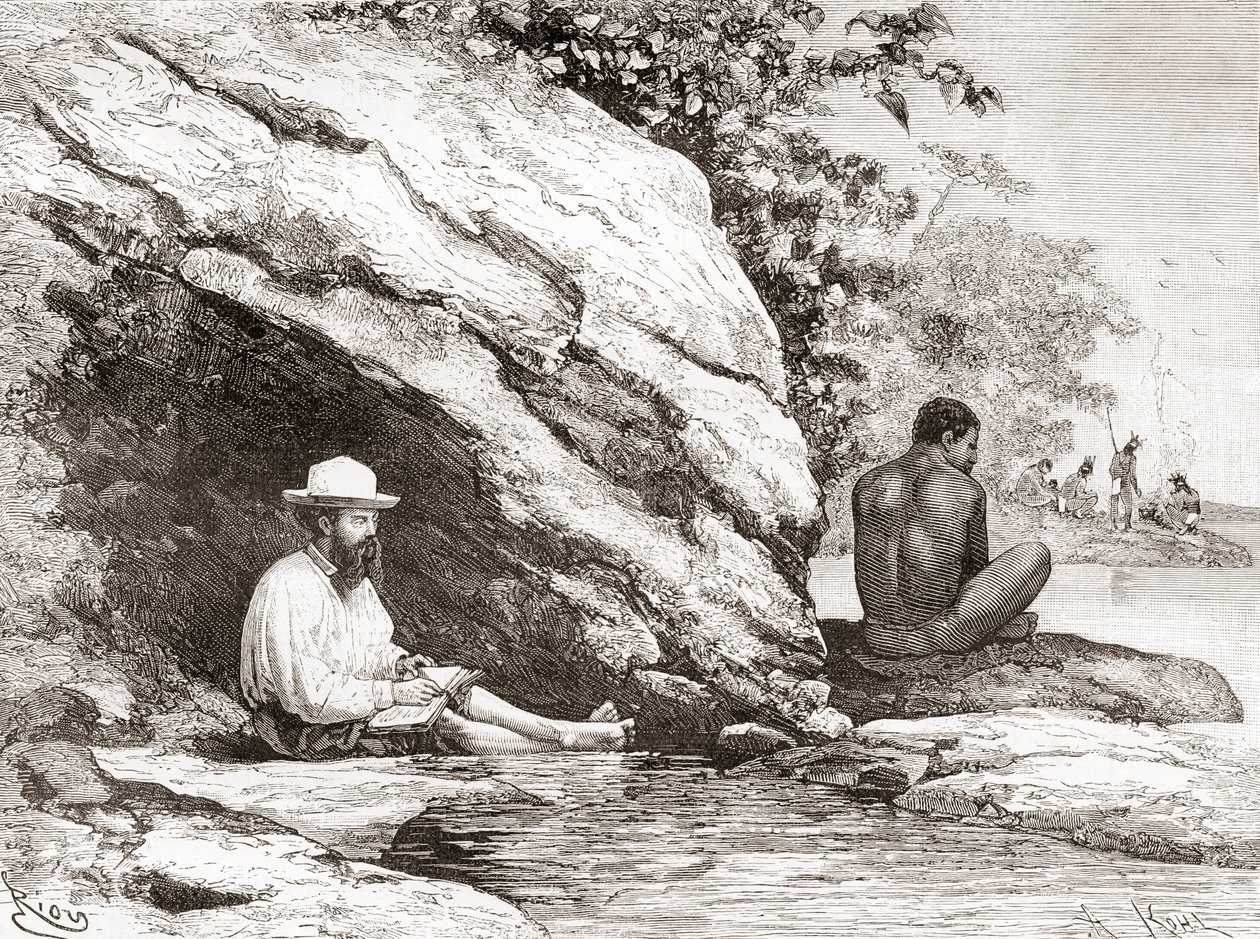 Jules Crevaux tutkiessaan Ranskan Guayanaa vuonna 1878 kiven varjossa Oyapock- tai Oiapoque-joen rannalla tekijältä Spanish School