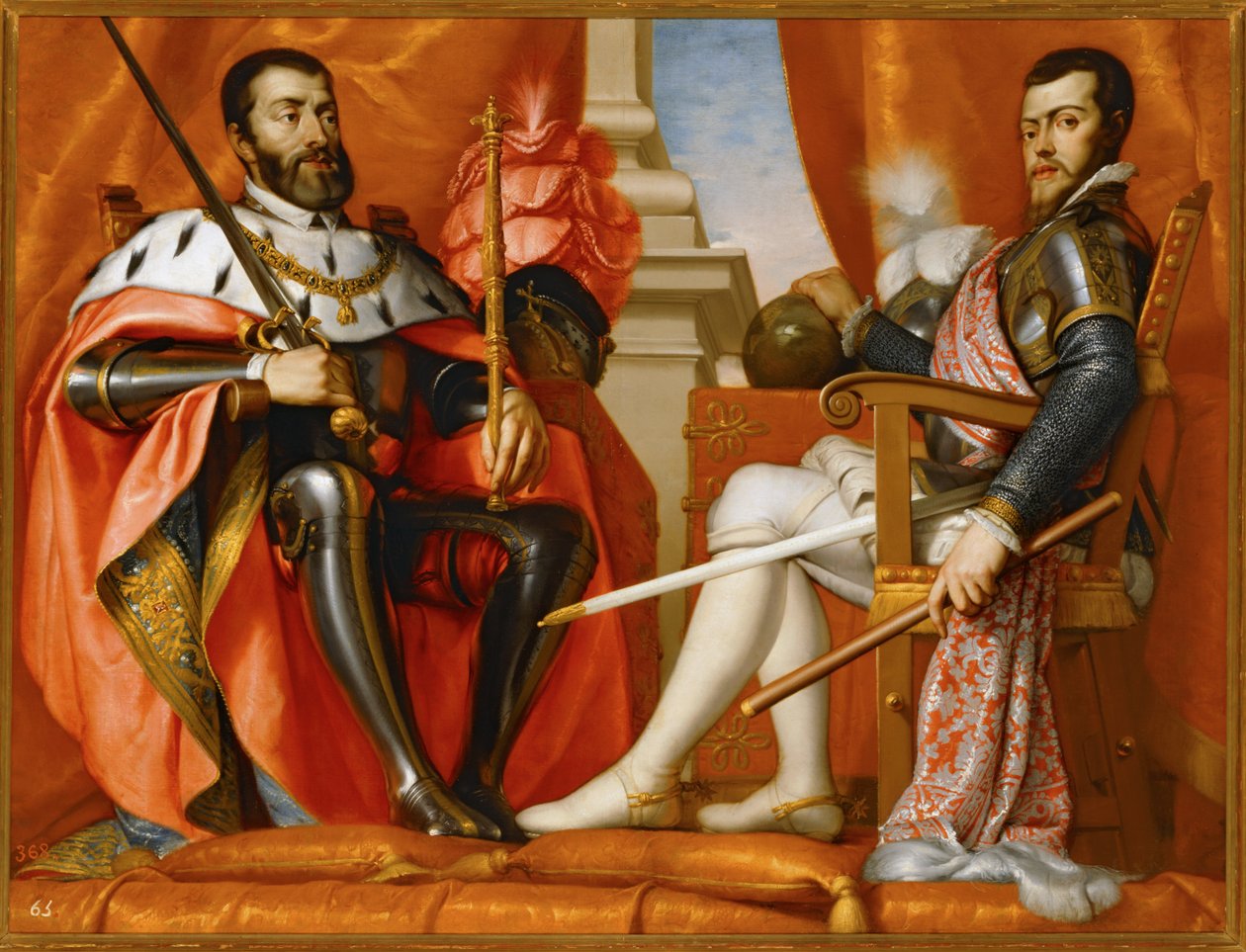 Karl V ja hänen poikansa Philipp II ... (maalaus kankaalle) tekijältä Spanish School