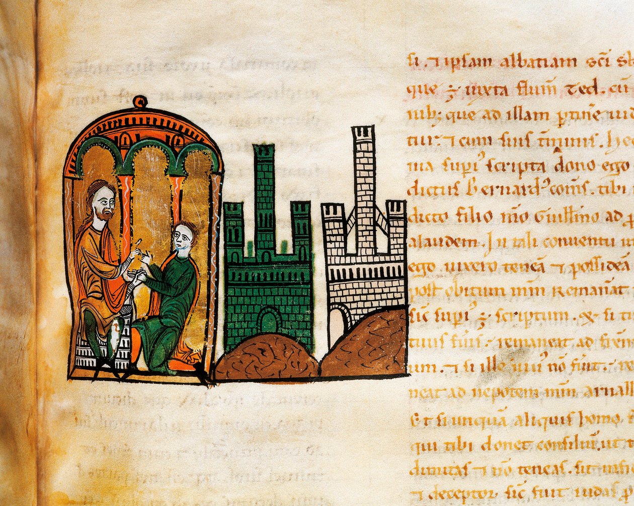 Aragonian kuningas Alfonso II vastaanottaa hovimiehen käsikirjoituksesta "Liber Feudorum Maior" tekijältä Spanish School