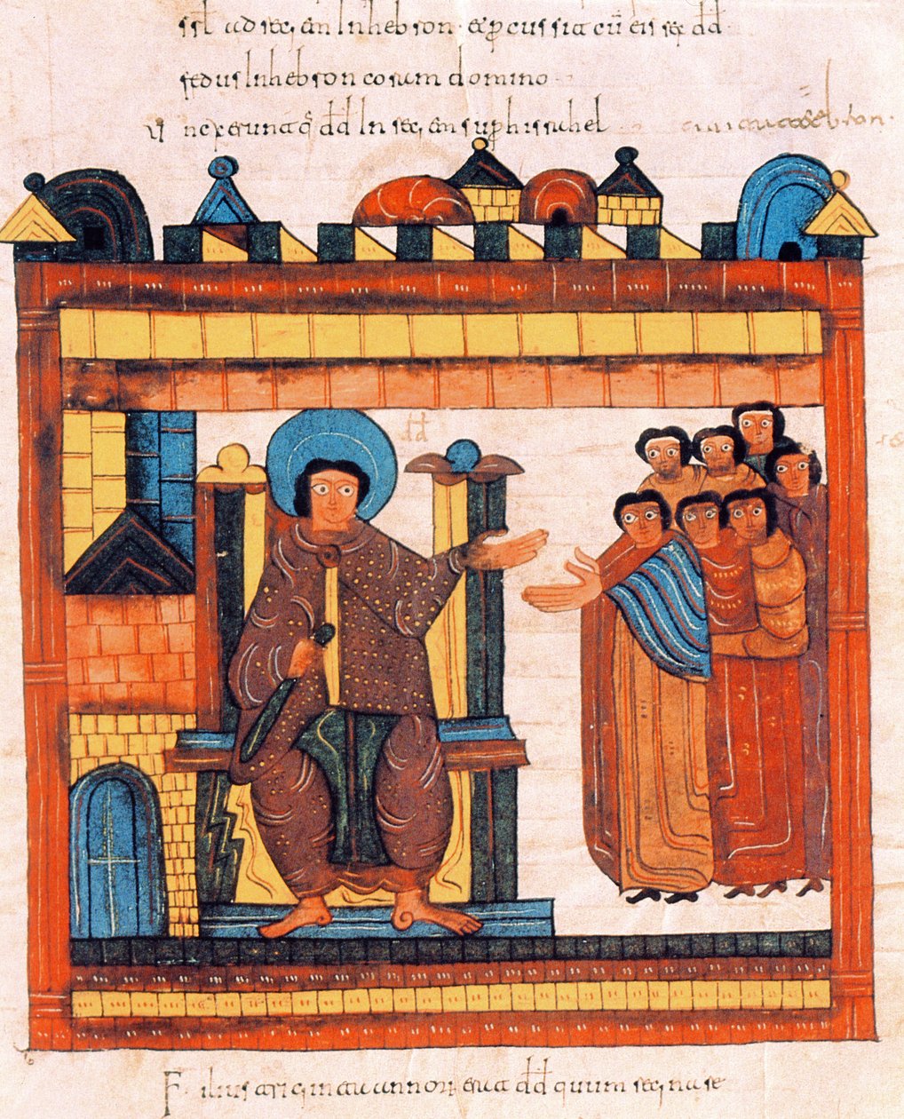 Kuningas Daavid istuu valtaistuimellaan hovinsa ympäröimänä, visigoottilais-mozarabialaisesta Pyhän Isidoreksen Raamatusta, fol.126r., A.D. 960 (tempera vellum) tekijältä Spanish School