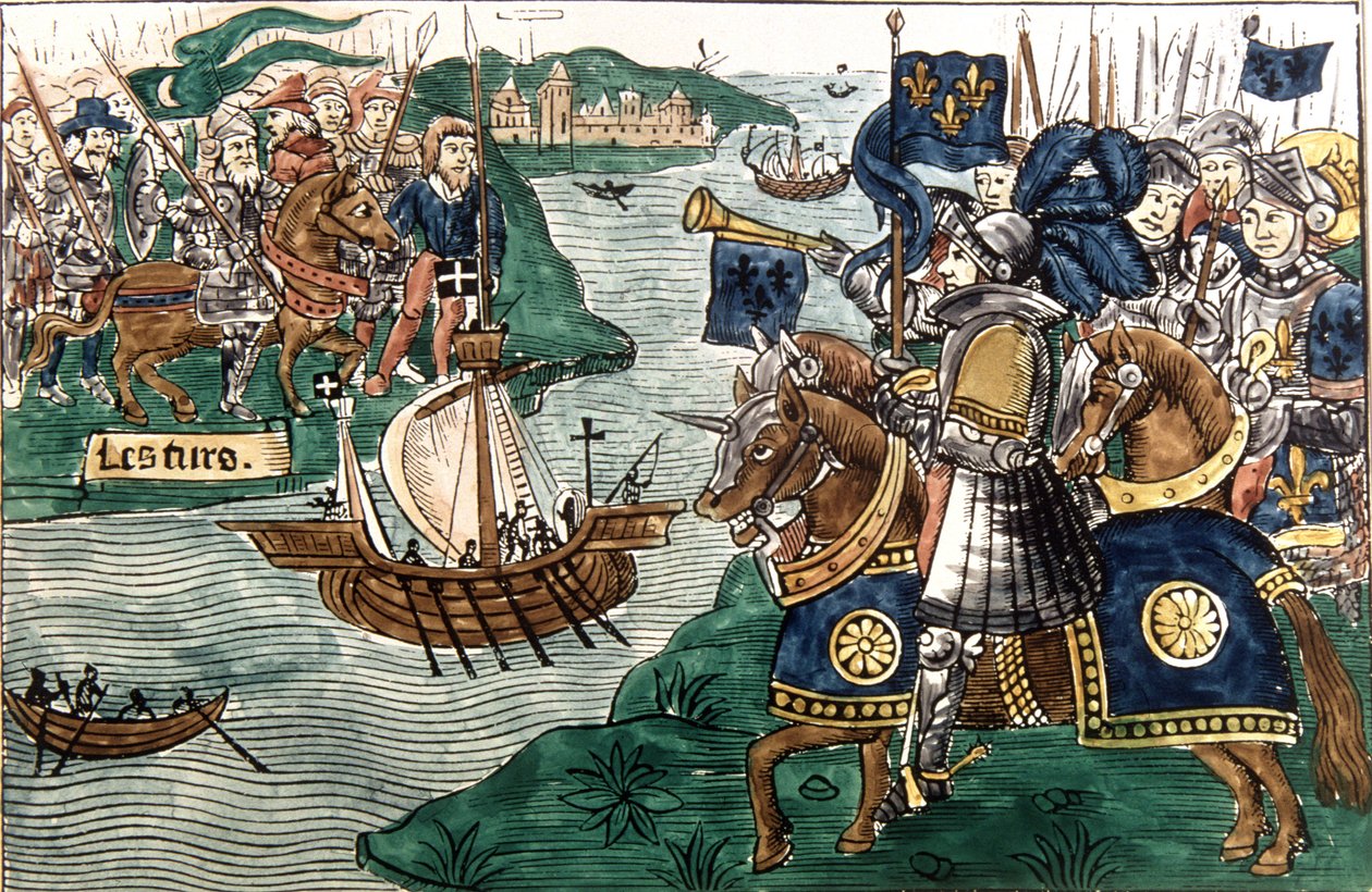 Kuningas Ludvig IX (1214-70) ja Karthagoon vuonna 1270 saapuvat ristiretkeläiset (vellum) tekijältä Spanish School