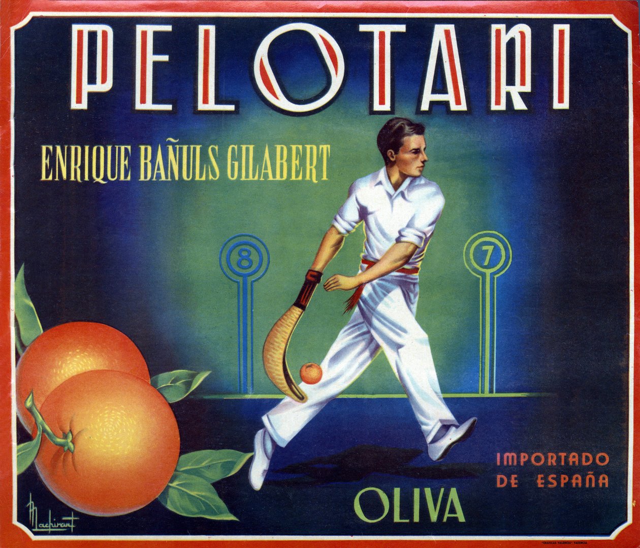 Etiketti appelsiineille "" Pelotari"", valmistaja Oliva Valenciassa, Espanjassa. Kuva baskipalloilijasta, 1900-luku. tekijältä Spanish School