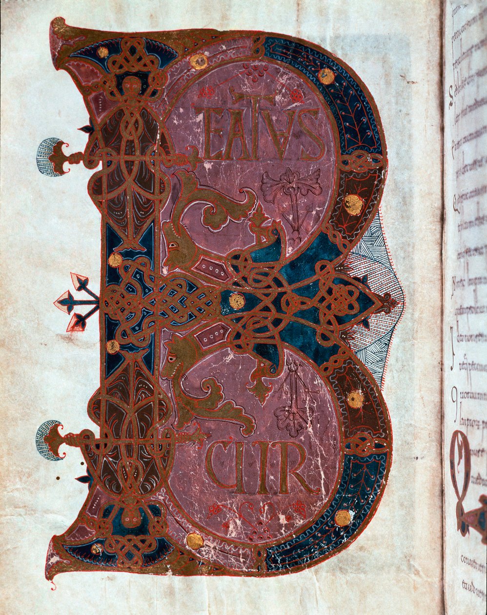 Lettrine B (Beatus). Miniatyyri otettu Ferdinand I:n (Fernando I de Leon y Castilla) Tuntien kirjasta tekijältä Spanish School