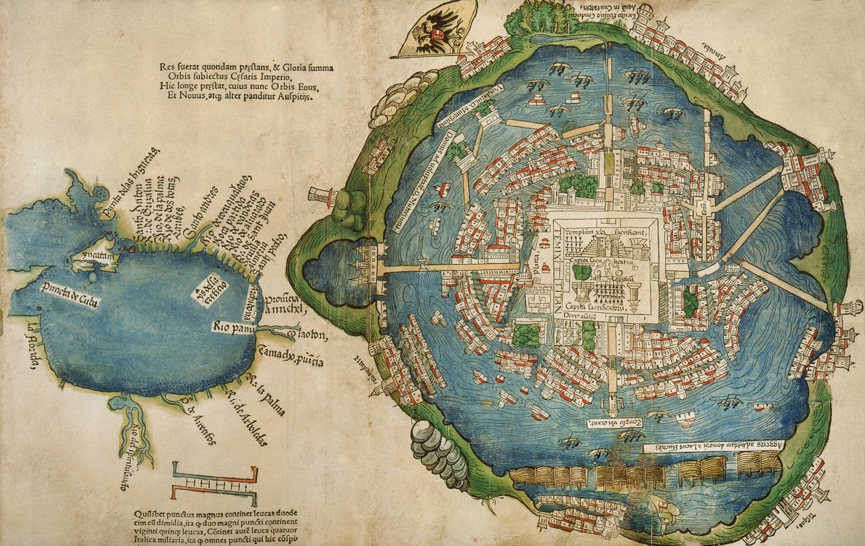 Tenochtitlanin ja Meksikonlahden kartta, Praeclara Ferdinadi Cortesii de Nova maris Oceani Hyspania Narratio, kirjoittanut Hernando Cortes (1485-1547) 1524 tekijältä Spanish School