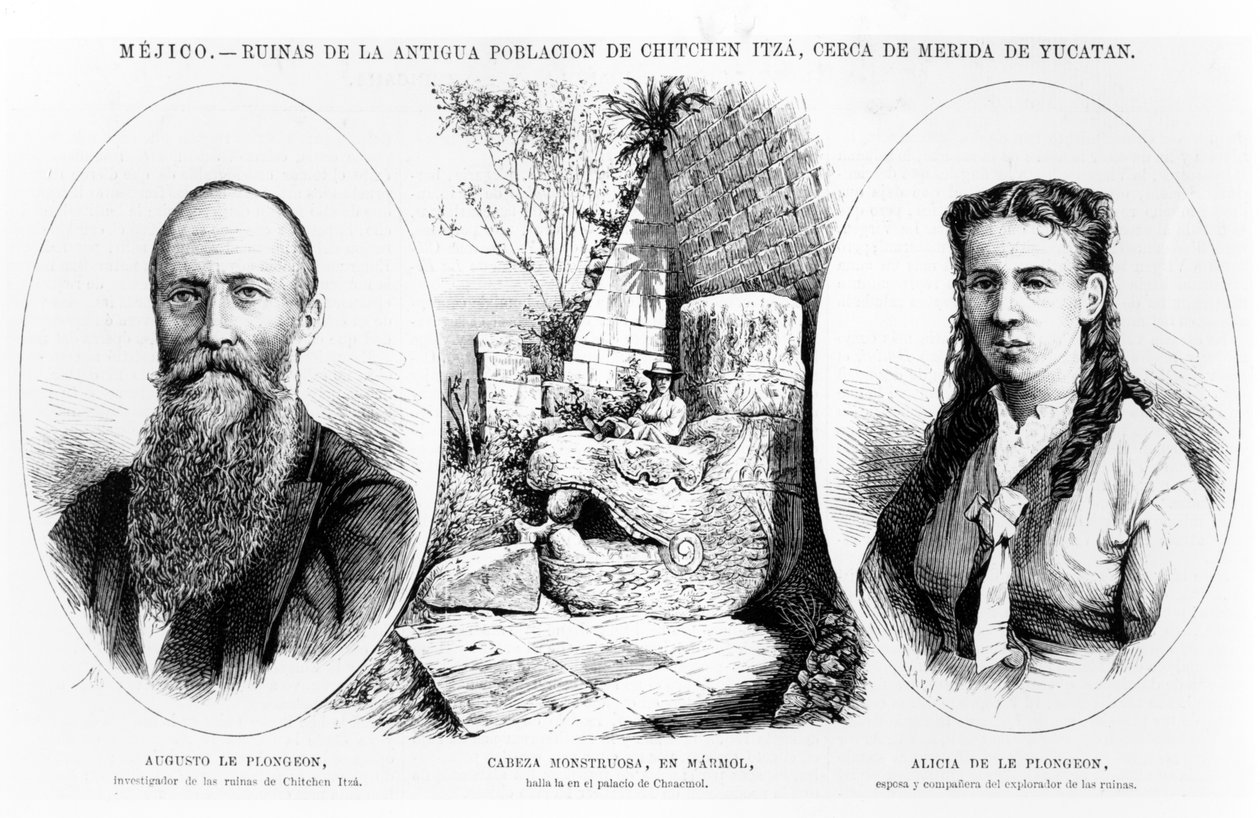 Meksiko - Chichen Itzan muinaisen väestön rauniot lähellä Meridaa, Yucatan, kuva La Ilustracion Espanola y Americanasta 1877 tekijältä Spanish School