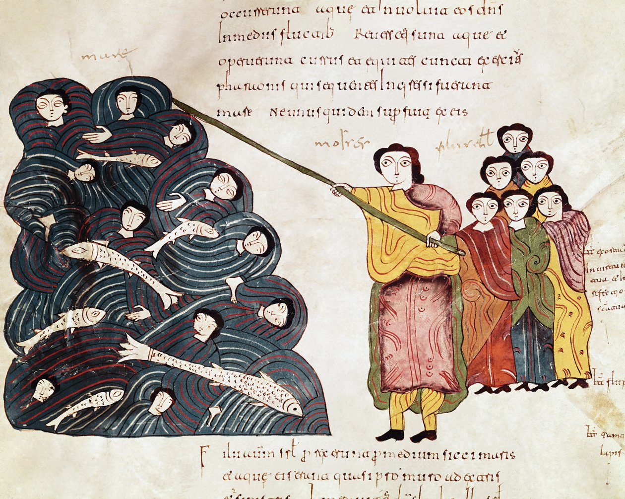 Vietettyään Israelin kansan Punaisenmeren yli Mooses näki egyptiläisten hukkuvan. Miniatyyri mozaraabialaisesta Raamatusta. 10. vuosisadalla. Leon. Pyhän Isidoren Royal Collegiale -kirjasto. tekijältä Spanish School