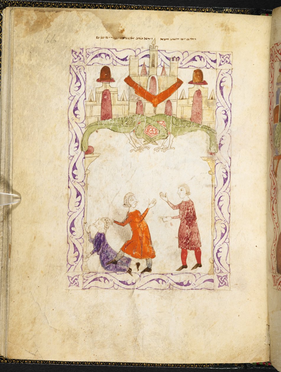 Mooses moittii kahta riitelevää israelilaista, Mooses Egyptissä, latinalais-moreskeisesta Haggadasta, MS Or 2737, f.66r, f.1275-1324 (vellum) tekijältä Spanish School