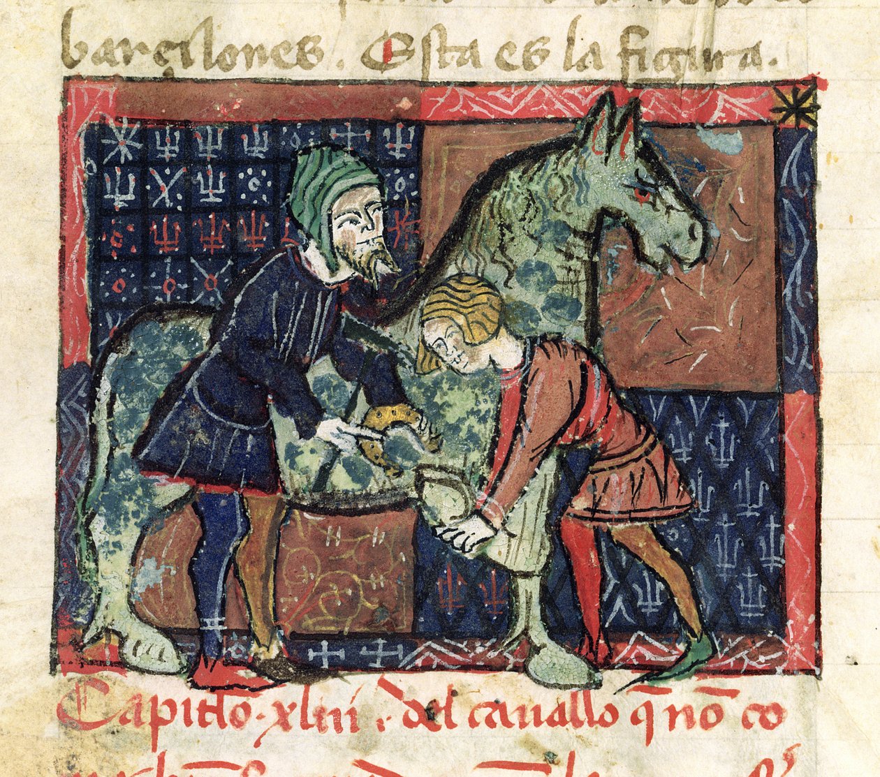 Ms 214 fol.46v Hevosen kenkiminen, Juan Alvarezin Libro de Menescalcia y Albeyteriasta, n. 1390 tekijältä Spanish School