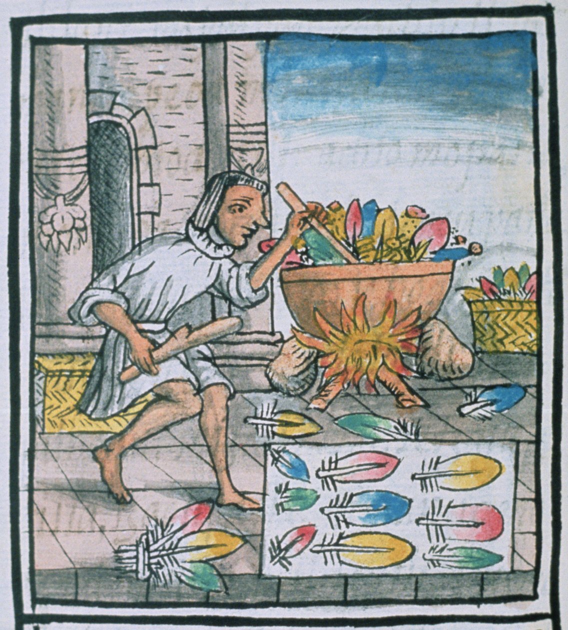 rouva Palat. 218-220 atsteekkien käsityöläistä, jotka värjäävät höyheniä, Bernardino de Sahagunin "Florentine Codexista", n. 1540-85 tekijältä Spanish School